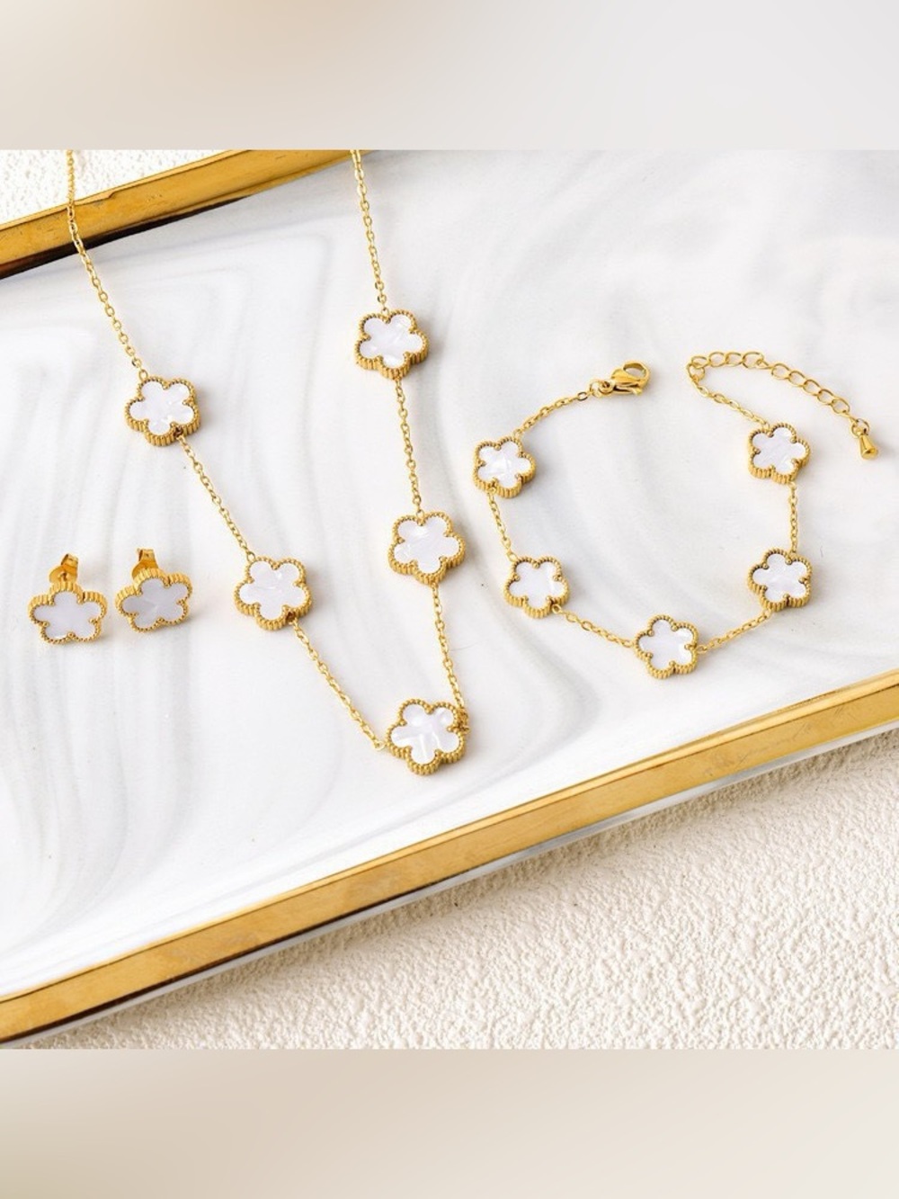 18K Gold-Tone Necklace, Bracelet & Earrings White Clover Station Charms.